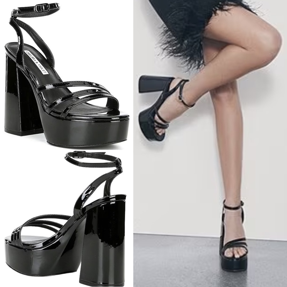 NEW Chelsea & Violet Debbie Patent Ankle Strap Platform Dress Sandals in Black